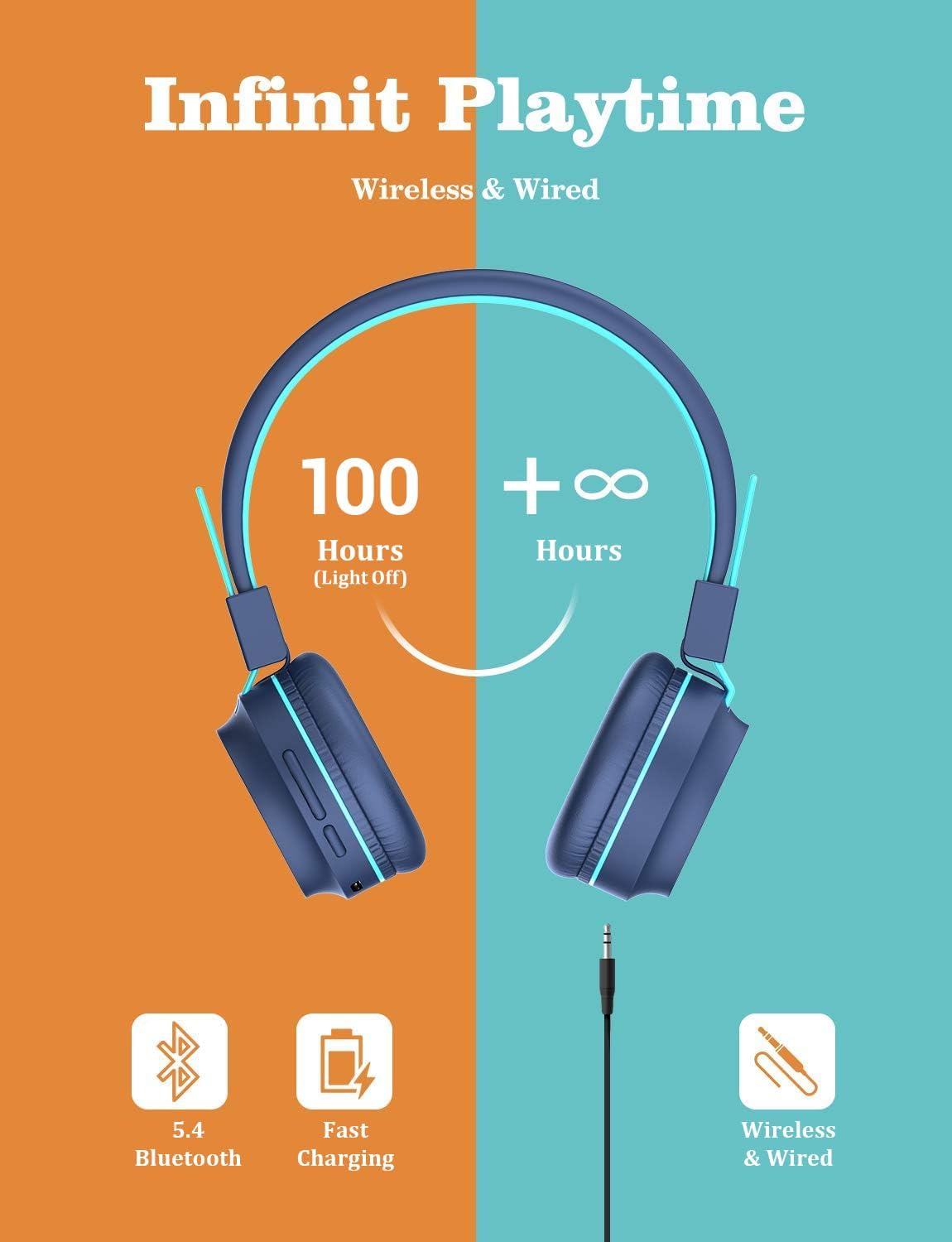 iClever BTH03 Kids Bluetooth Headphones, Colorful LED Lights, 35H Playtime, Bluetooth 5.4, Type C Fast Charging, Safe Volume, Stereo Sound Mic, On Ear Kids Wireless Headphones for iPad Airplane, Blue